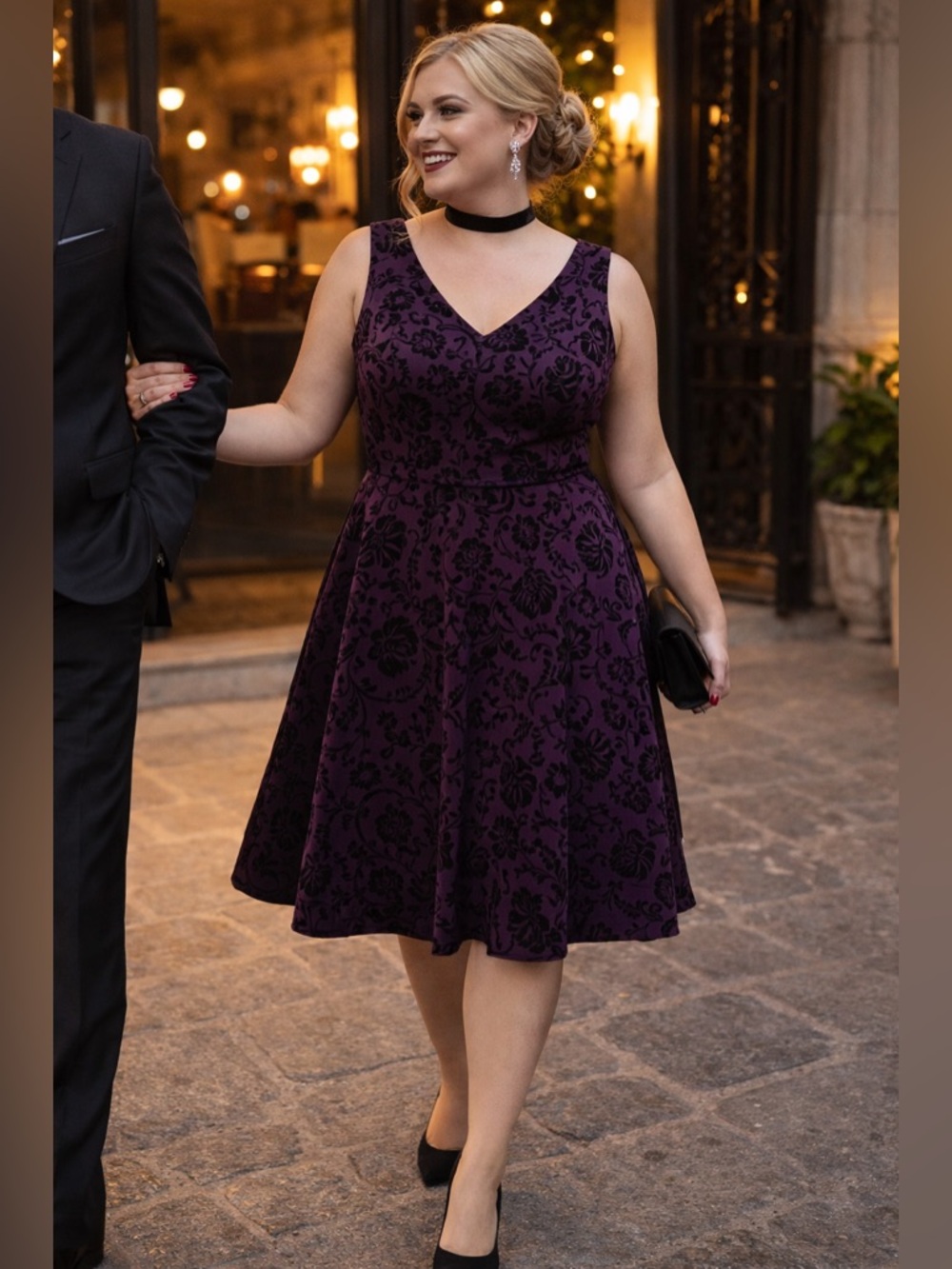 Michel Studio purple and Black brocade fit and flare dress